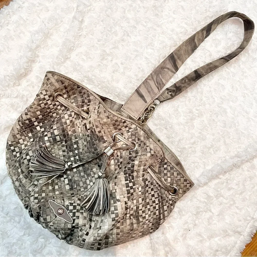 Elliott Lucca Snakeskin Embossed Leather Weave Bucket Hobo Shoulder Purse